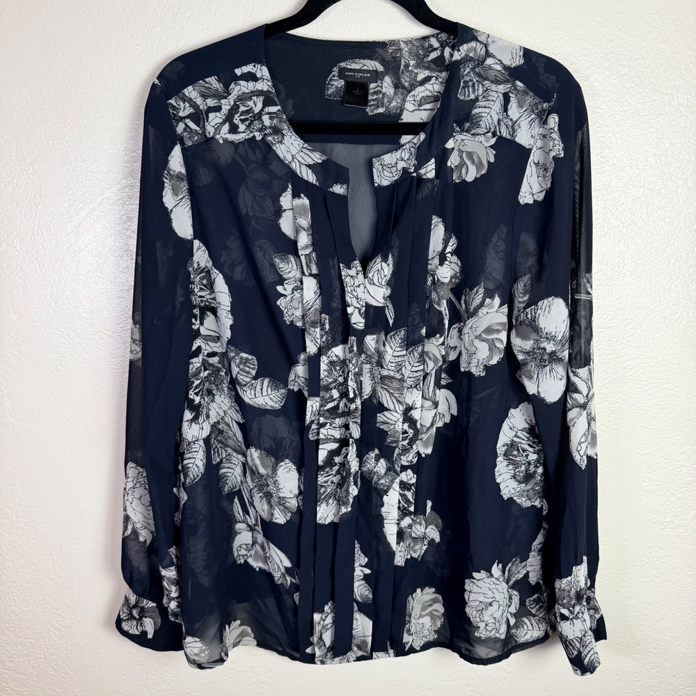 Ann Taylor Womens L Navy Floral Chiffon Split Neck Blouse Dark Cottage Career